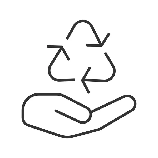 Mão aberta com ícone linear de sinal de reciclagem — Vetor de Stock