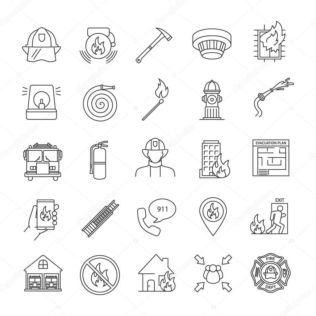 Firefighting linear icons set. Fire station equipment. Thin line contour symbols. Isolated vector outline illustrations