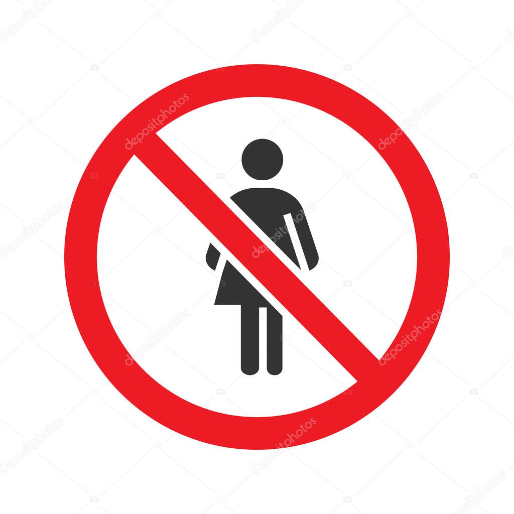 Forbidden sign with female silhouette glyph icon. Stop silhouette symbol. No woman prohibition. Negative space. Vector isolated illustration