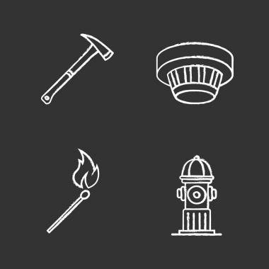 Yangın baltası, hidrant, duman dedektörü, yanan kibrit çöpü simgeler