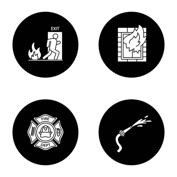 Maison Feu Badge Pompier Tuyau Arrosage Icônes Sortie Secours Isolées — Image vectorielle