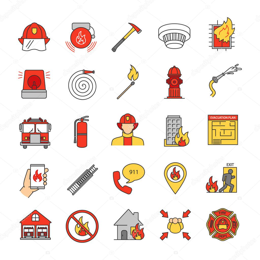 Set of firefighting color icons on white background