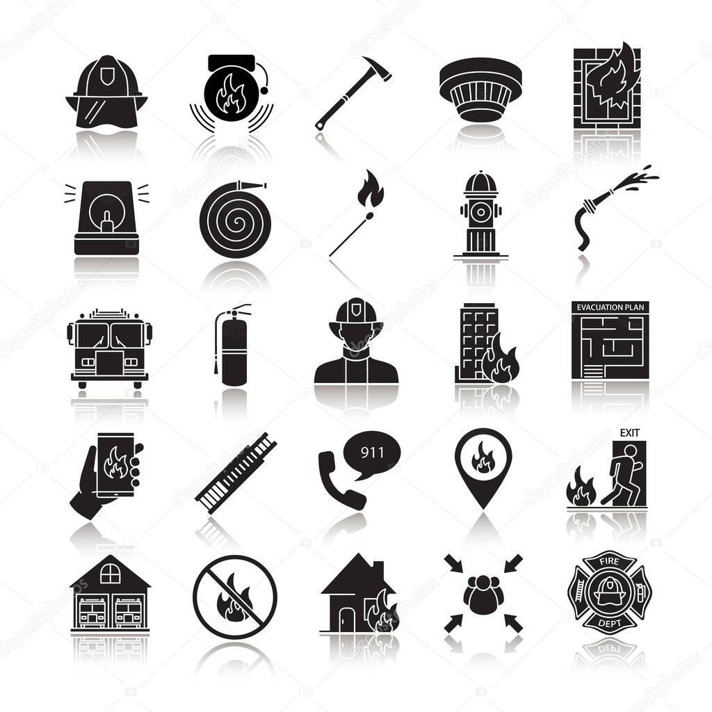 Fire station equipment icons isolated on white background