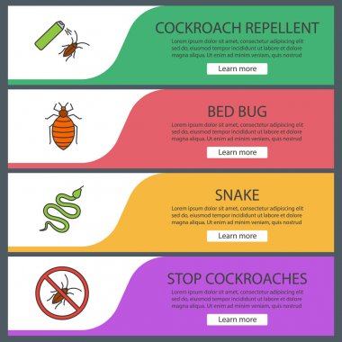 Haşere kümesi web banner Şablonlar hamamböceği, yatak hata ile kontrol, yılan, hamamböceği, renkli vektör çizim durdur 