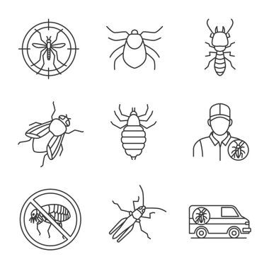 Haşere kontrol doğrusal simgeler kontur üzerinde izole beyaz arka plan ayarlamak