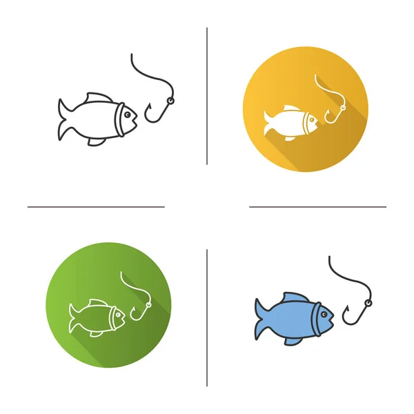魚とフックのアイコンは 白い背景の上ベクトルの線形とカラフルなイラストのセット — ストックベクタ