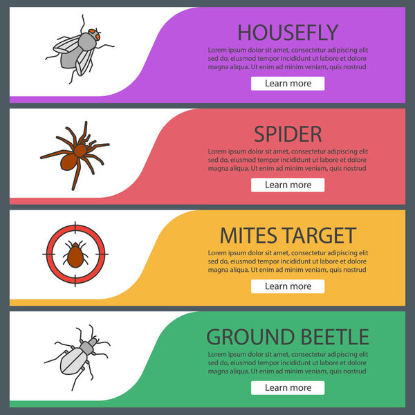 Set of pest control web banner template with housefly, spider, mites target, ground beetle,vector colourful illustration 