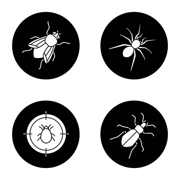 Satz Von Schädlingsbekämpfungssymbolen Milbenzielscheibe Laufkäfer Spinne Stubenfliege Vektor Weiße Silhouetten — Stockvektor