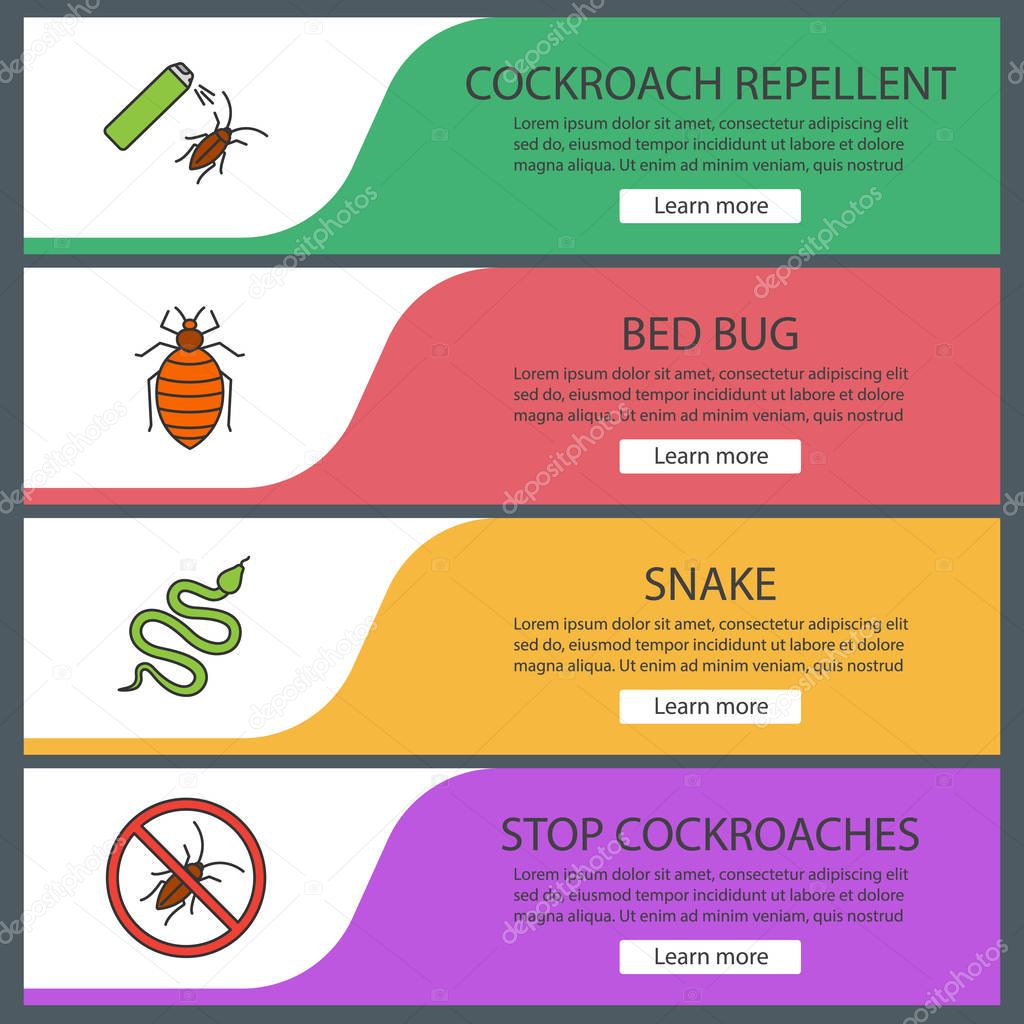 Set of pest control web banner templates with cockroach, bed bug, snake, stop cockroaches, vector colourful illustration 