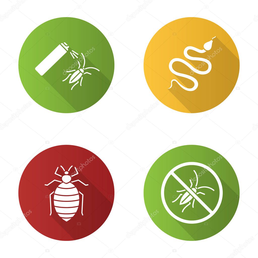 Set of pest control glyph icons, extermination of snake, bed bug, cockroach, vector white silhouettes illustrations in colourful circles on white background