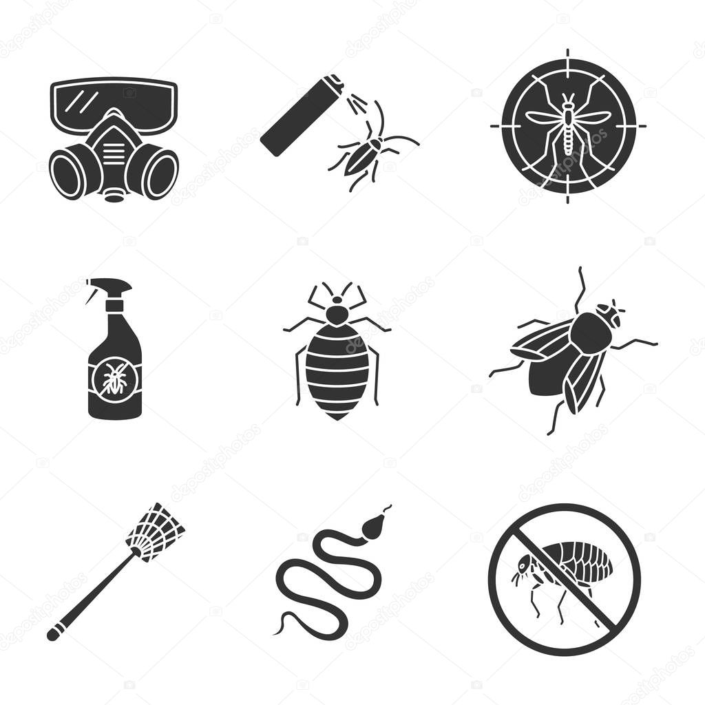 Pest control glyph icons set isolated on white background
