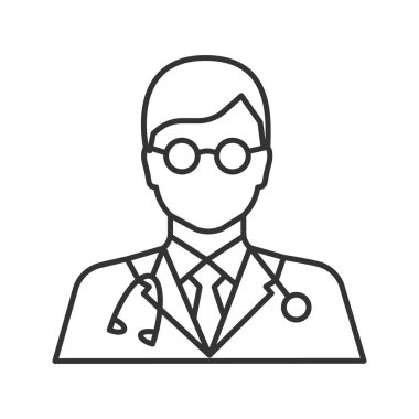 Erkek doktor doğrusal simgesi, beyaz arka plan üzerinde vektör kontur çizim