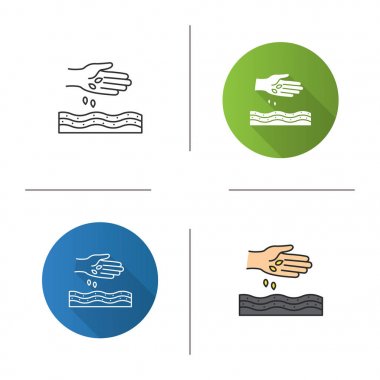 El dikiş tohumlar simgesi. Tasarım, doğrusal düz ve stilleri renk. Tarım. İzole vektör çizimler