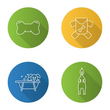 Evcil hayvan malzemeleri düz doğrusal uzun gölge Icons set. Köpek kemik oyuncak, Evcil hayvan giyim, Servisi, kauçuk tavuk damat. Vektör anahat çizim