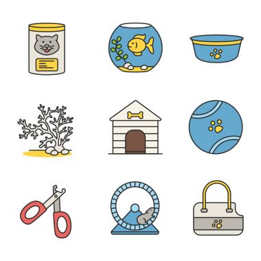 Evcil hayvan malzemeleri Icons set renk. Konserve kedi maması, akvaryum, köpek yemliği, deniz yosunu, köpek kulübesi, oyuncak top, tırnak kırpma makası, hamster tekerlek, Evcil hayvan çanta taşıyıcı. İzole vektör çizimler