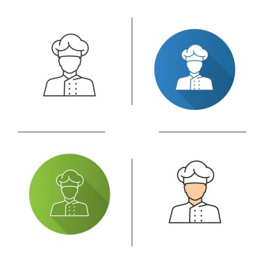 Şef Aşçı simgesi. Tasarım, doğrusal düz ve stilleri renk. Mutfak işçisi. İzole vektör çizimler