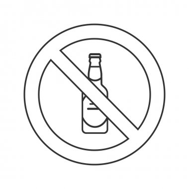 Bira şişe doğrusal simgesi işaretiyle yasak. İnce hat illüstrasyon. Herhangi bir alkol yasak. Kontur sembolü durdurmak. Çizim vektör izole anahat