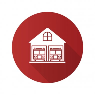 İtfaiye düz tasarım uzun gölge glif simgesi. İtfaiyeden. Garaj iki itfaiye araçları ile. Vektör siluet çizimi