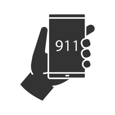 Acil arama glif simgesi. Smartphone ile 911 numarası tutan el. Siluet simge. Negatif alan. İzole vektör çizim