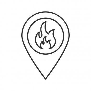 Yangın yeri doğrusal simgesi. İnce hat illüstrasyon. Pinpoint içinde alev ile eşleyin. Kontur sembolü. Çizim vektör izole anahat