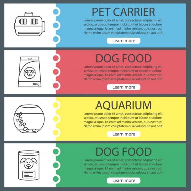 Evcil hayvan malzemeleri afiş şablonlar kümesi web. Hayvan taşıyıcı, konserve köpek maması, akvaryum. Web sitesi renk menü öğeleri ile doğrusal kutsal kişilerin resmi. Vektör üstbilgileri kavramları tasarım