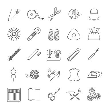 Doğrusal simgeler terzilik ayarlayın. Dikiş. İğneleri, iğne, konu, kumaşlar, düğmeleri. İnce çizgi kontur sembolleri. İzole vektör anahat çizimler