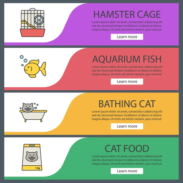 Haustiere Liefern Web Banner Vorlagen Hamsterkäfig Aquarienfische Fellpflege Katzenfutter Website — Stockvektor