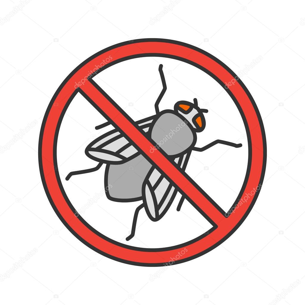 Stop housefly sign color icon. Flying insects repellent. Pest control. Isolated vector illustration