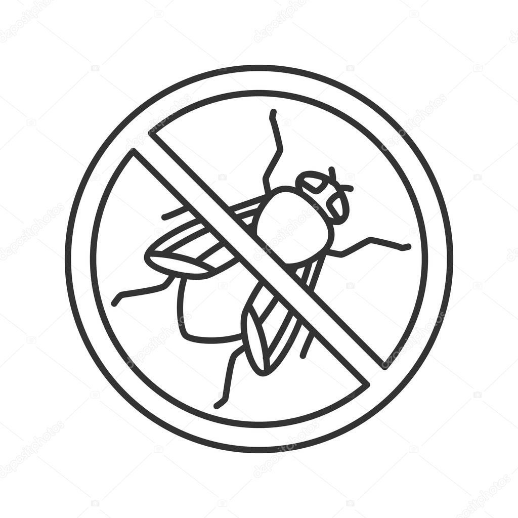 Stop housefly sign linear icon. Flying insects repellent. Pest control. Thin line illustration. Contour symbol. Vector isolated outline drawing