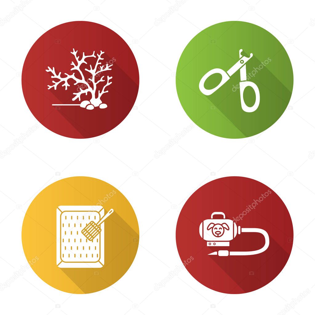 Pets supplies flat design long shadow glyph icon. Aquarium plant, pet nail clippers, cat's litter box, vacuum cleaner. Vector silhouette illustration
