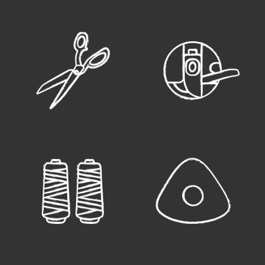 Tailoring chalk icons set. Fabric scissors, bobbin case, thread spool, sewing chalk. Isolated vector chalkboard illustrations clipart