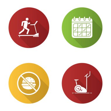 Fitness düz tasarım uzun gölge glif simgeler kümesi. Spor donatımı. Koşu bandı, eğitimler takvim, sağlıklı beslenme, egzersiz bisikleti. Vektör siluet çizimi