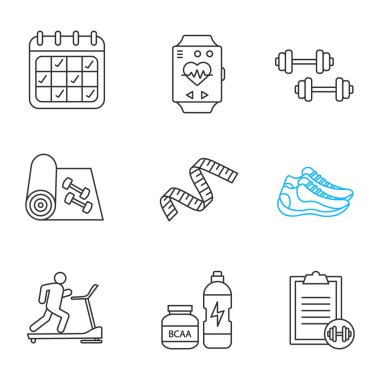 Fitness doğrusal Icons set. İnce çizgi kontur sembolleri. Takvim, spor bilezik, halter, yoga mat, ölçme bant, spor ayakkabıları, koşu bandı, bcaa, egzersiz Kılavuzu. İzole vektör anahat çizimler