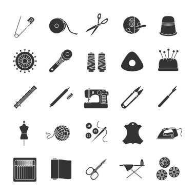 Glif simgeler terzilik ayarlayın. Dikiş. İğneleri, iğne, konu, kumaşlar, düğmeleri. Siluet simgeler. İzole vektör çizim