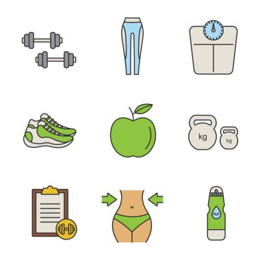 Fitness renk simgeler kümesi. Halter, tozluk, Basküller, spor ayakkabıları, elma, kettlebells, egzersiz Kılavuzu, kilo kaybı, su şişesi. İzole vektör çizim