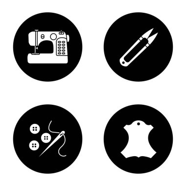 Glif simgeler terzilik ayarlayın. Dikiş Makinası, iplik kesici, iğne ve düğmeler, deri etiket. Vektör beyaz siyah daireler resimlerde siluetleri