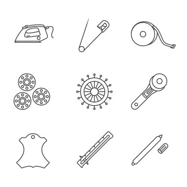 Doğrusal simgeler terzilik ayarlayın. Buharlı Ütü, emniyet ve düz pim, ölçme bant, bobin, döner kesme, deri etiket, Ölçer işaretçisi. İnce çizgi kontur sembolleri. İzole vektör anahat çizimler