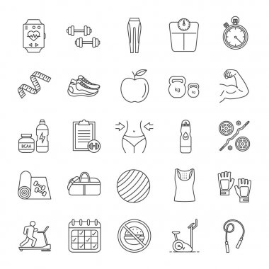 Fitness doğrusal Icons set. Spor malzemeleri. Egzersiz makineleri, barbell, halter, kıyafetler. İnce çizgi kontur sembolleri. İzole vektör anahat çizimler