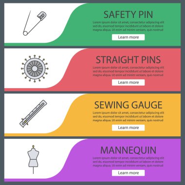 Web banner Şablonlar terzilik ayarlayın. Ans düz iğne, dikiş ölçer, manken. Web sitesi renk menü öğeleri. Vektör üstbilgileri kavramları tasarım