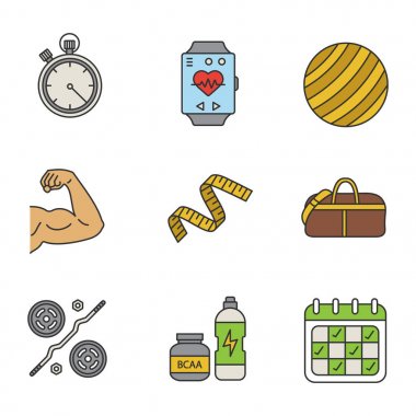 Fitness renk simgeler kümesi. Kronometre, spor bilezik, fitball, pazı kas, ölçme bant, yün çanta, halter, bcaa ek, takvim. İzole vektör çizim