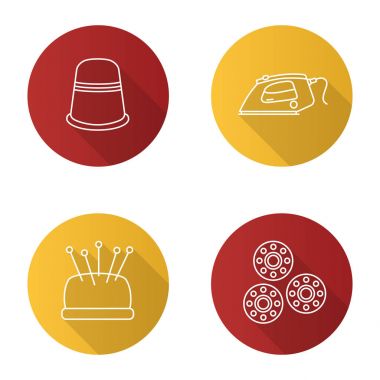 Düz doğrusal uzun gölge simgeler terzilik ayarlayın. Yüksük, Buharlı Ütü, iğnelik pimleri, bobin ile. Vektör anahat çizim