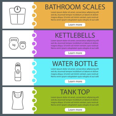 Fitness web afiş şablonları ayarlayın. Spor donatımı. Banyo ölçekler, kettlebells, su şişesi, kolsuz bluz. Web sitesi renk menü öğeleri ile doğrusal kutsal kişilerin resmi. Vektör üstbilgileri kavramları tasarım