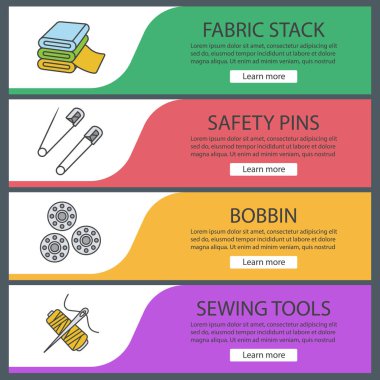 Web banner Şablonlar terzilik ayarlayın. Kumaş yığını, çengelli iğne, bobin, iğne ve iplik biriktirme. Web sitesi renk menü öğeleri. Vektör üstbilgileri kavramları tasarım