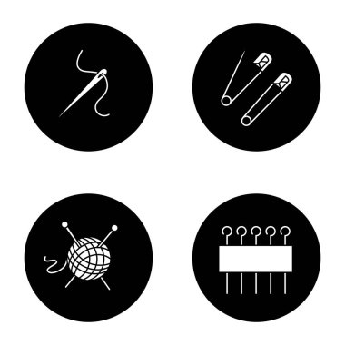 Glif simgeler terzilik ayarlayın. İğne iplik, Emanet ve göz iğne, örgü tedarik ile. Vektör beyaz siyah daireler resimlerde siluetleri