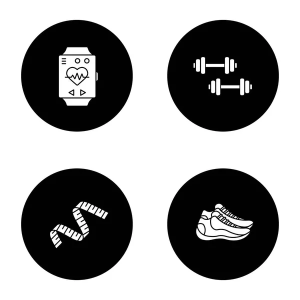 Fitness Glif Simgeler Kümesi Spor Donatımı Halter Ölçme Bant Spor — Stok Vektör