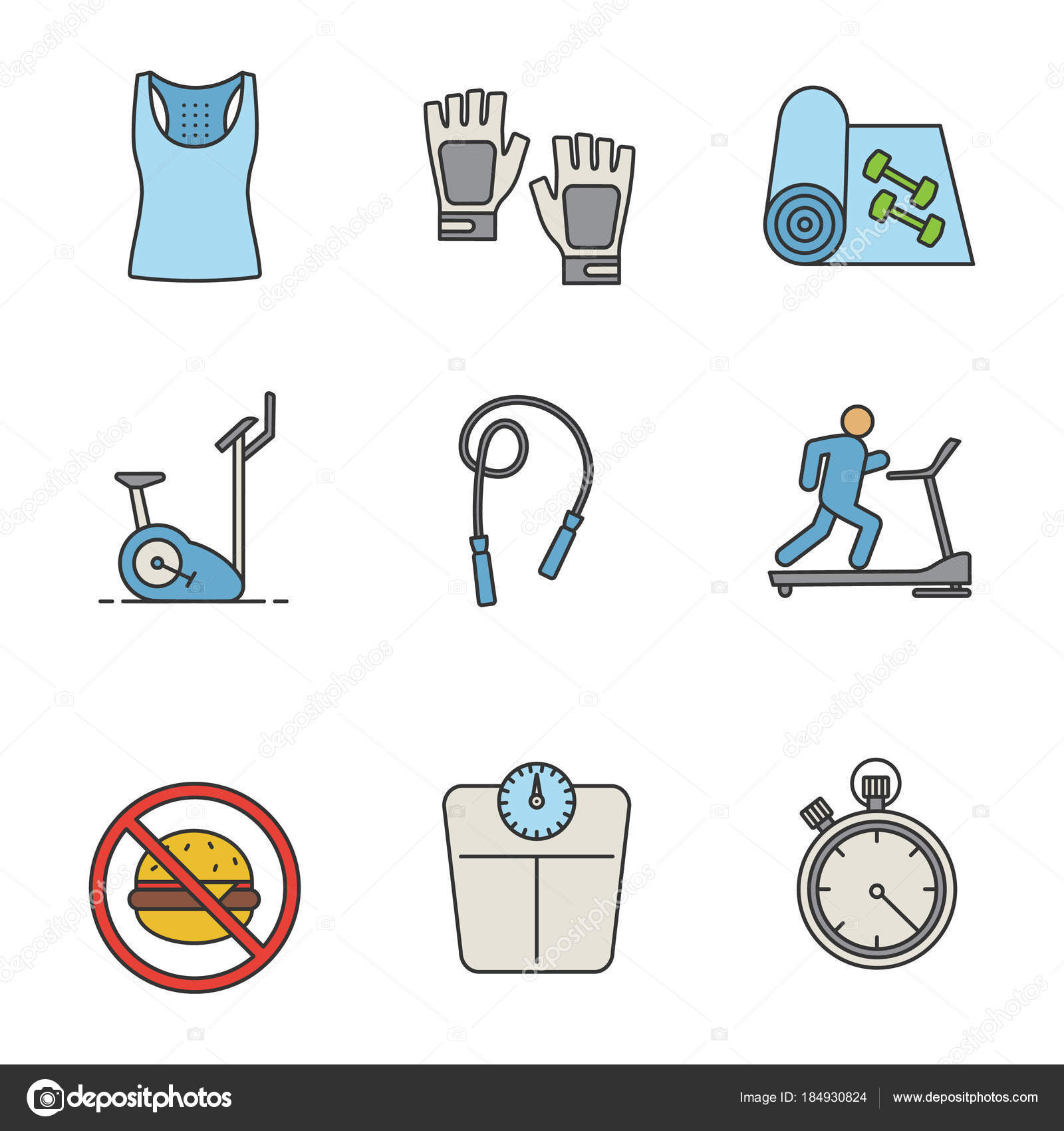 Fitness Color Icons Set Tank Top Gym Gloves Yoga Mat Stock