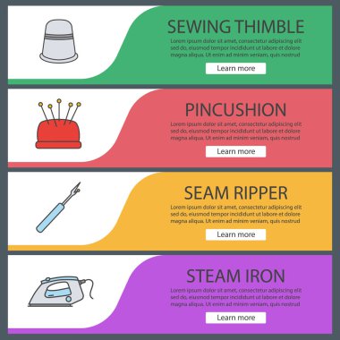Web banner Şablonlar terzilik ayarlayın. Dikiş yüksük, iğnelik, dikiş ripper, Buharlı Ütü. Web sitesi renk menü öğeleri. Vektör üstbilgileri kavramları tasarım
