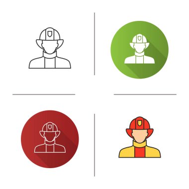 İtfaiyeci simgesi. Tasarım, doğrusal düz ve stilleri renk. İtfaiyeci. Tehlikeli bir meslek. İzole vektör çizimler