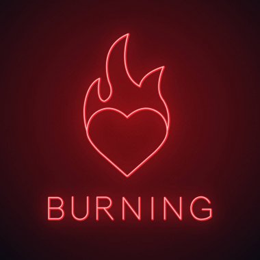 Yanan kalp neon ışığı simgesi. Kalp yanıyor. Tutku parlayan işaret. İzole vektör çizim