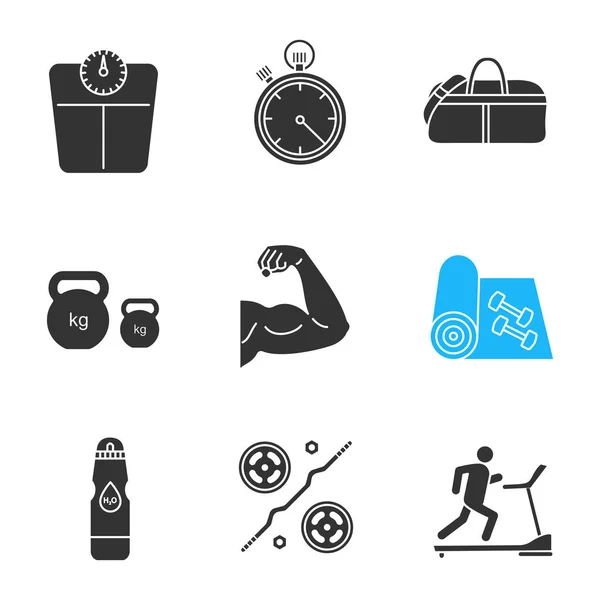 Fitness Glyph Iconen Set Vloer Weegschalen Stopwatch Sporttas Kettlebells Biceps — Stockvector